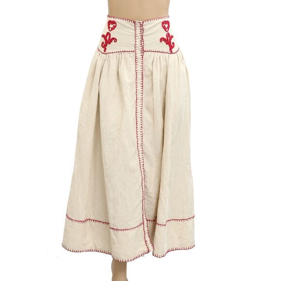 Free People Dresses & Skirts - Free People Embroidered Midi Skirt High Rise Smocked Buttondown Beige L 282246